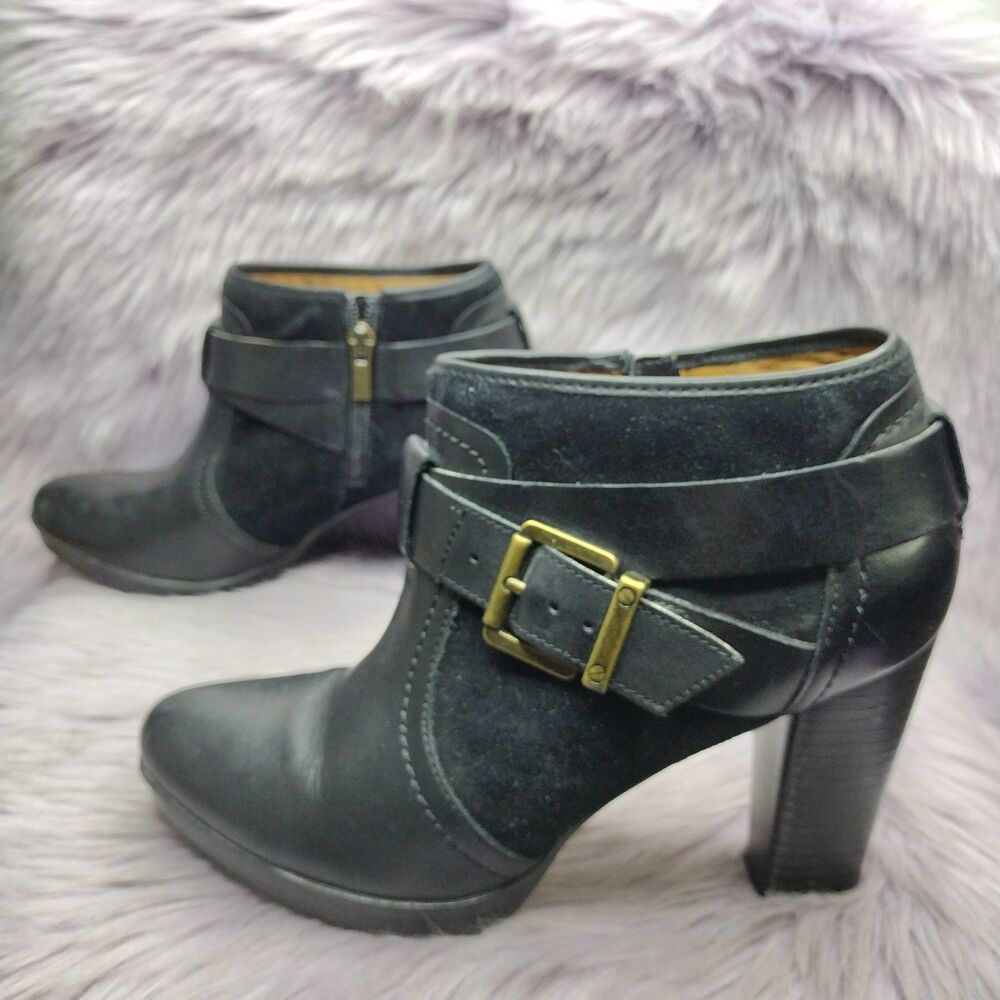 Clarks Black Leather Casual Ankle Boots Womens Size 8.5M Zip Buckle High Heel
